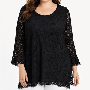 Charter Club Women 3X Black Lace Top Blouse Lined Body Sheer Sleeves